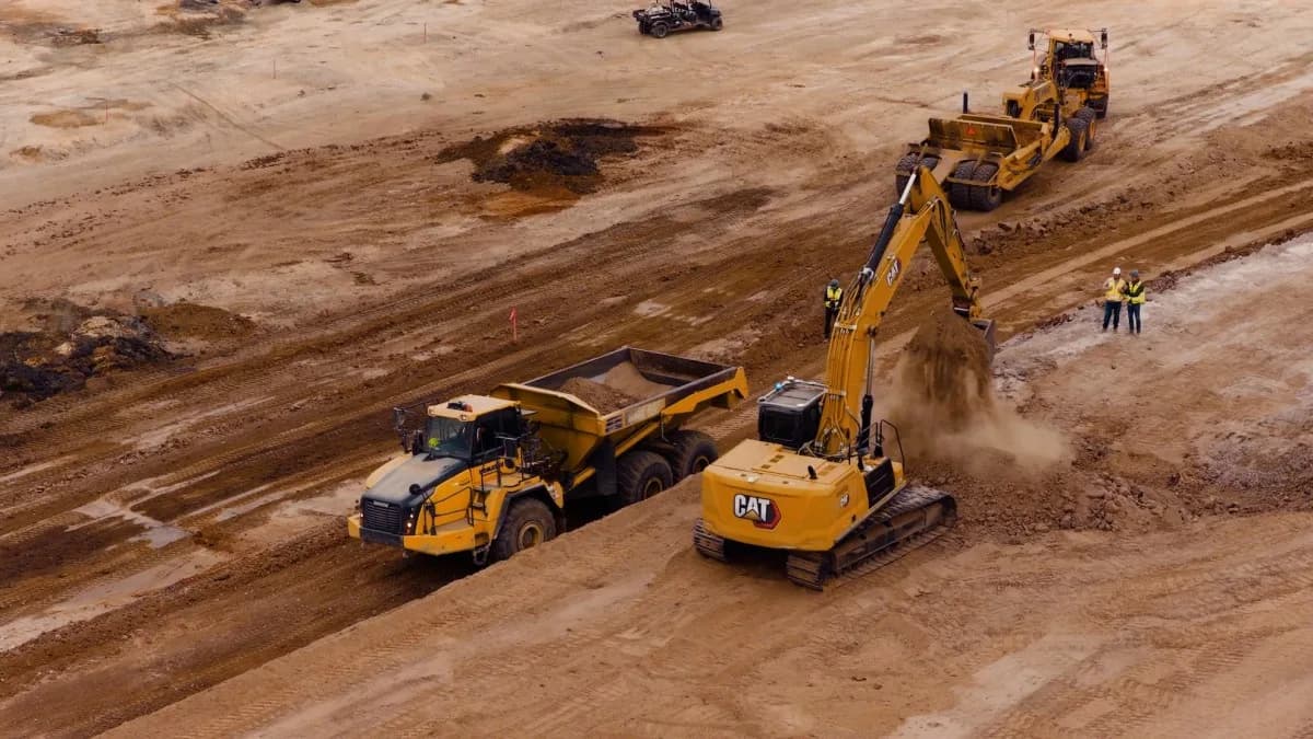 Барилгын талбайд Bedrock Robotics-ийн технологиор тоноглогдсон экскаватор өөрөө ачих машинд шороо ачиж буй нь