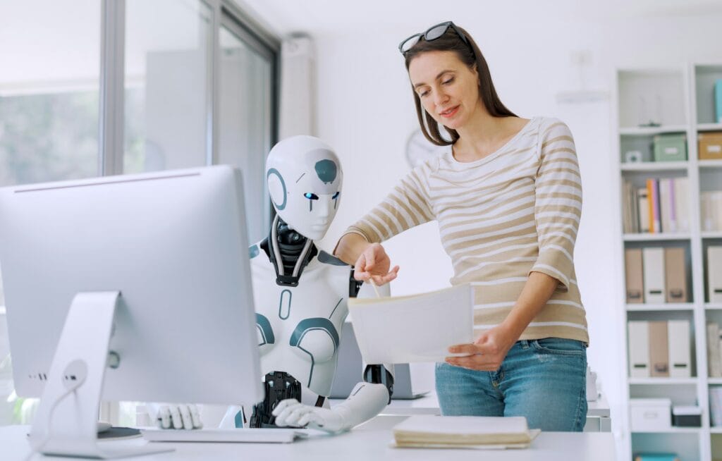 Woman and AI robot working together
